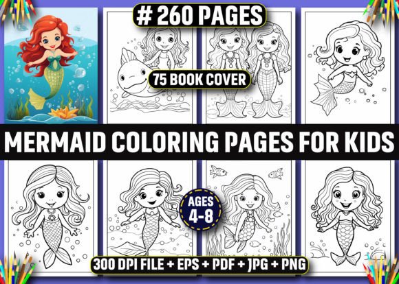 260 Mermaid Coloring Pages for Kids – KDP